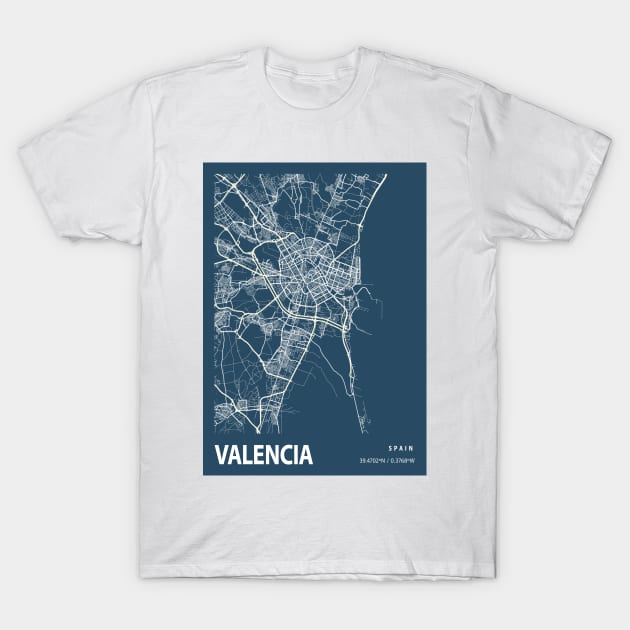 Valencia Blueprint Street Map, Valencia Colour Map Prints T-Shirt by tienstencil